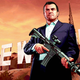 Michael from GTA V standing in front of the Vinewood sign while holding a rifle in a piece of promo art.